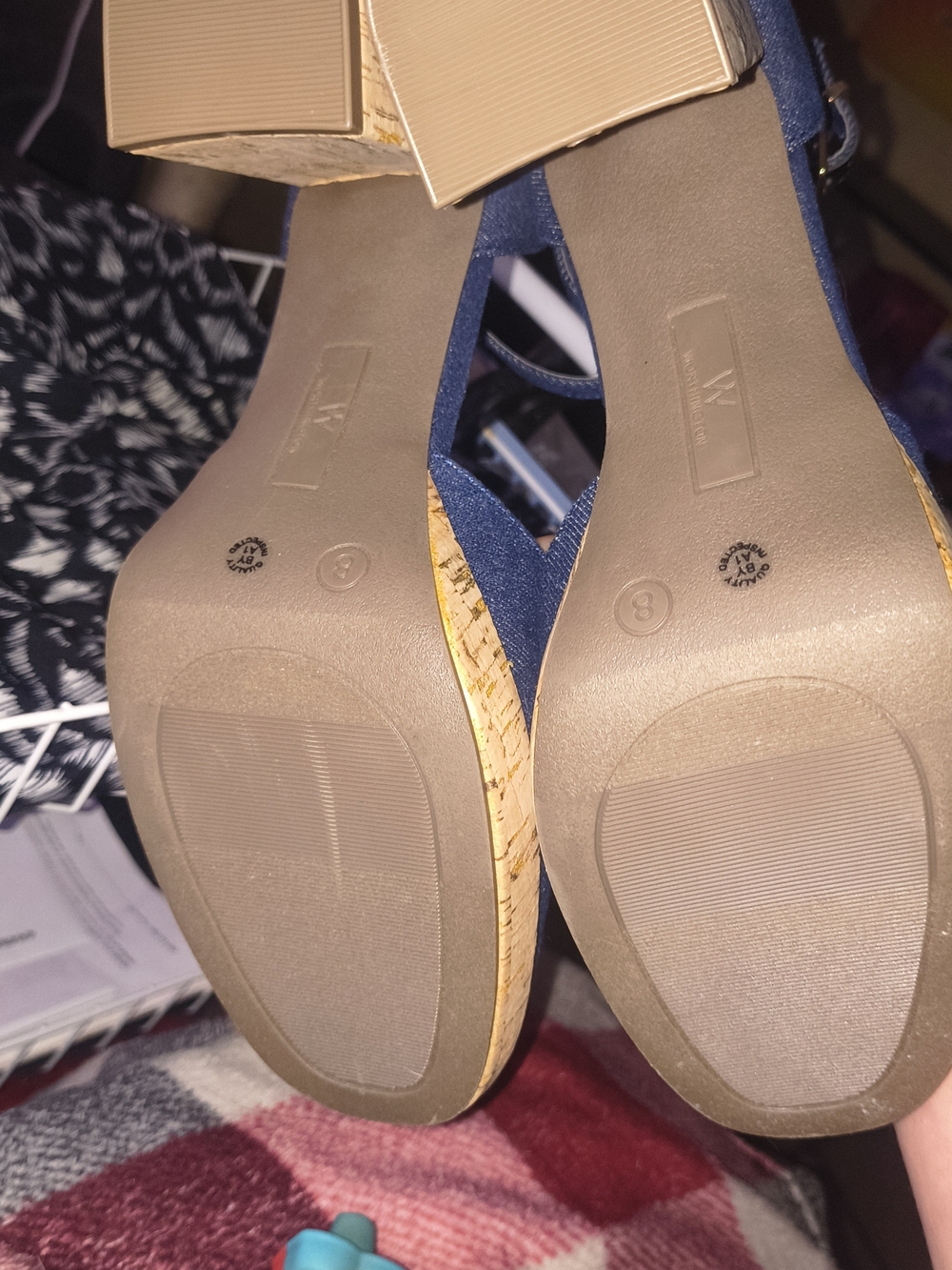 Worthington Denim Panama Heels Cork Block Heel Ankle Strap Pumps Size 8 - Picture 3 of 3